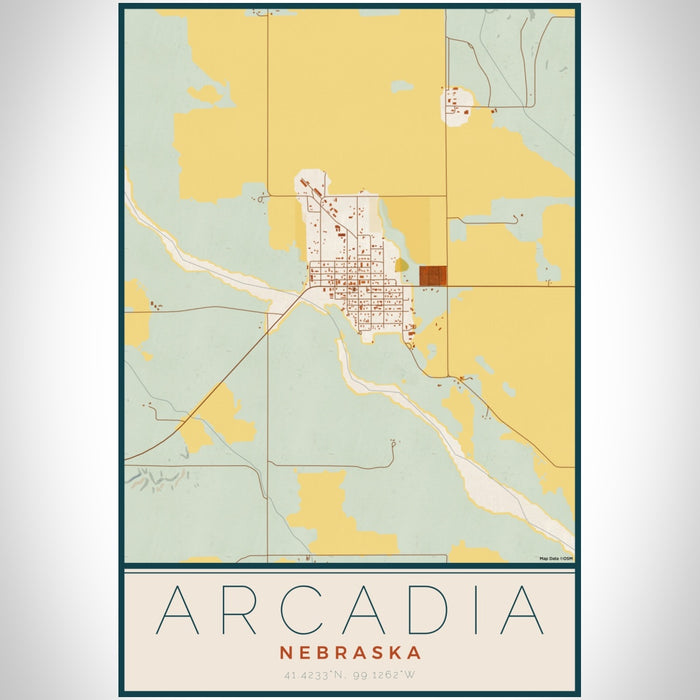 Arcadia Nebraska Map Print Portrait Orientation in Woodblock Style With Shaded Background