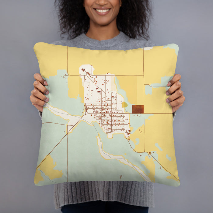 Person holding 18x18 Custom Arcadia Nebraska Map Throw Pillow in Woodblock