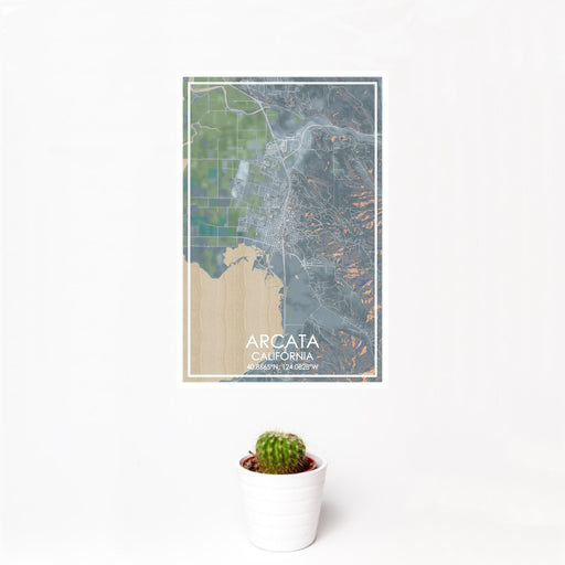 12x18 Arcata California Map Print Portrait Orientation in Afternoon Style With Small Cactus Plant in White Planter