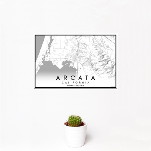 12x18 Arcata California Map Print Landscape Orientation in Classic Style With Small Cactus Plant in White Planter