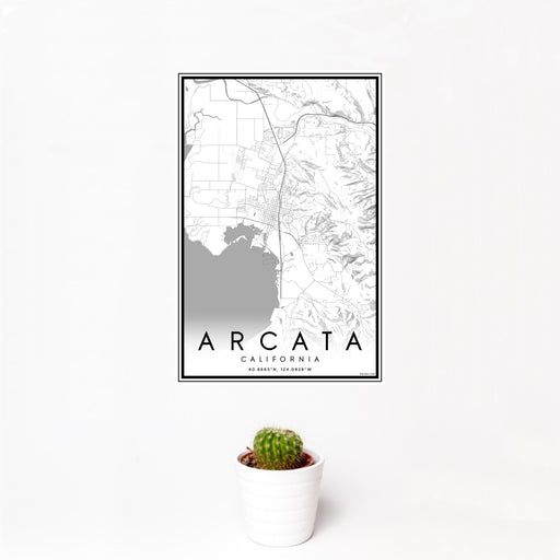 12x18 Arcata California Map Print Portrait Orientation in Classic Style With Small Cactus Plant in White Planter