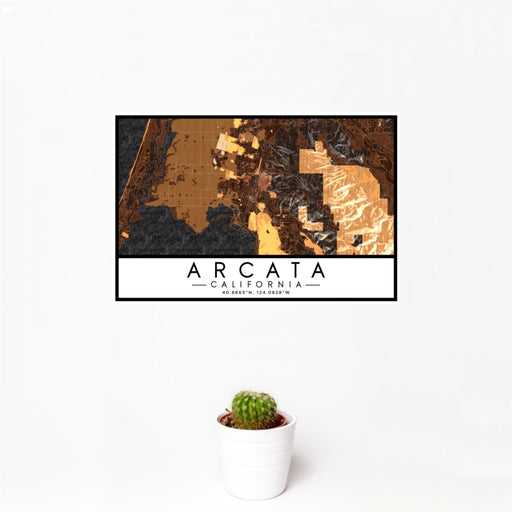 12x18 Arcata California Map Print Landscape Orientation in Ember Style With Small Cactus Plant in White Planter