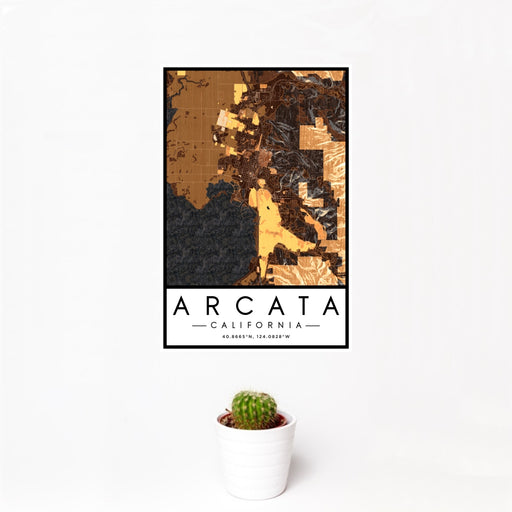 12x18 Arcata California Map Print Portrait Orientation in Ember Style With Small Cactus Plant in White Planter