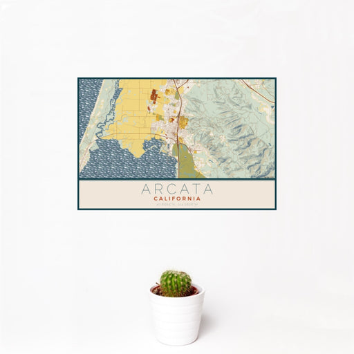12x18 Arcata California Map Print Landscape Orientation in Woodblock Style With Small Cactus Plant in White Planter