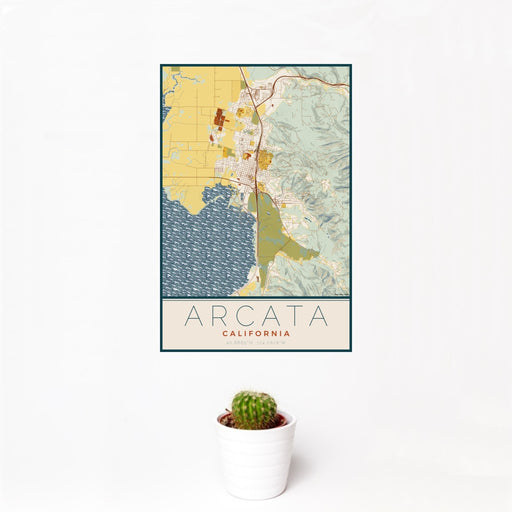 12x18 Arcata California Map Print Portrait Orientation in Woodblock Style With Small Cactus Plant in White Planter