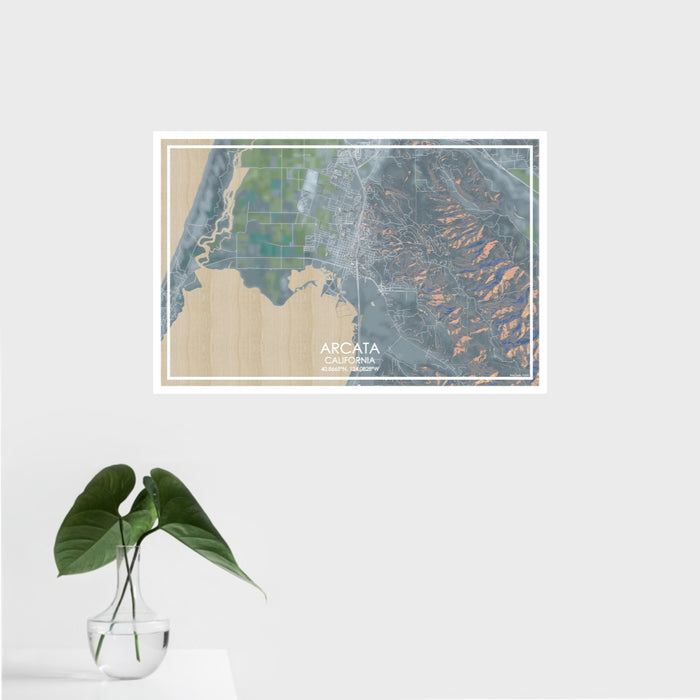 16x24 Arcata California Map Print Landscape Orientation in Afternoon Style With Tropical Plant Leaves in Water