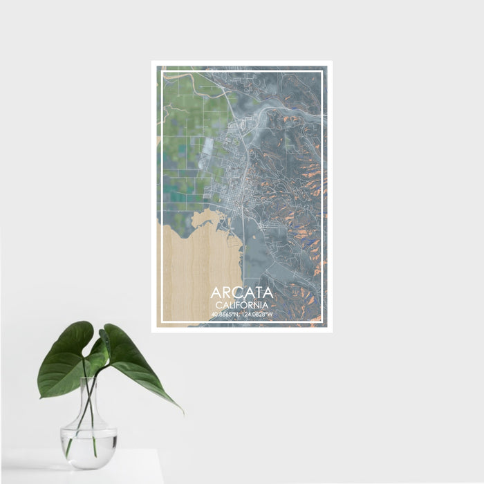 16x24 Arcata California Map Print Portrait Orientation in Afternoon Style With Tropical Plant Leaves in Water
