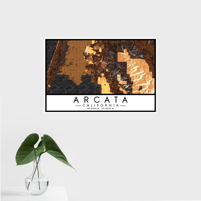 16x24 Arcata California Map Print Landscape Orientation in Ember Style With Tropical Plant Leaves in Water