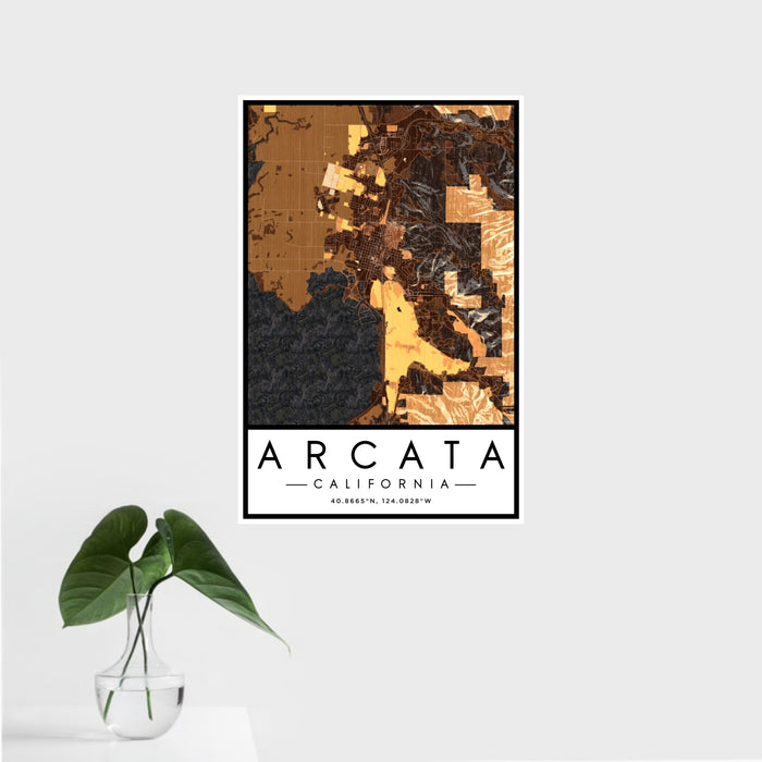 16x24 Arcata California Map Print Portrait Orientation in Ember Style With Tropical Plant Leaves in Water