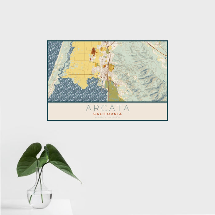 16x24 Arcata California Map Print Landscape Orientation in Woodblock Style With Tropical Plant Leaves in Water