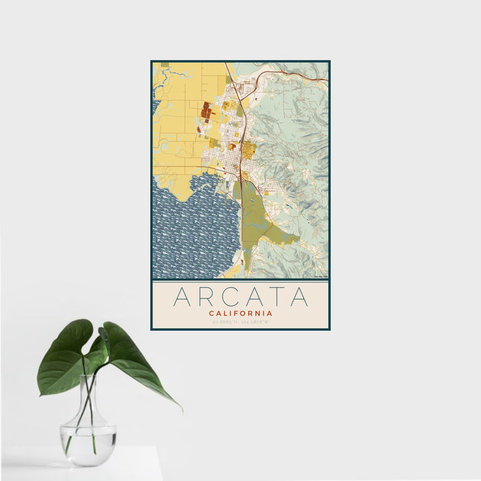 16x24 Arcata California Map Print Portrait Orientation in Woodblock Style With Tropical Plant Leaves in Water