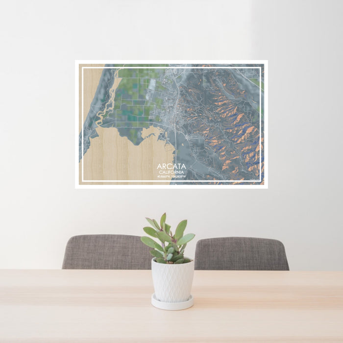 24x36 Arcata California Map Print Lanscape Orientation in Afternoon Style Behind 2 Chairs Table and Potted Plant