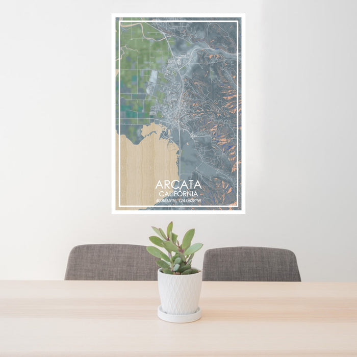 24x36 Arcata California Map Print Portrait Orientation in Afternoon Style Behind 2 Chairs Table and Potted Plant