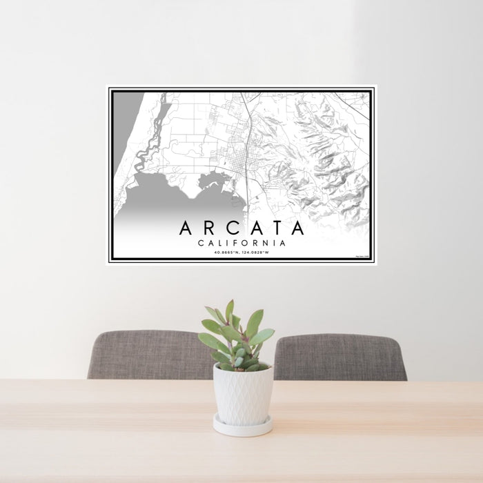 24x36 Arcata California Map Print Lanscape Orientation in Classic Style Behind 2 Chairs Table and Potted Plant