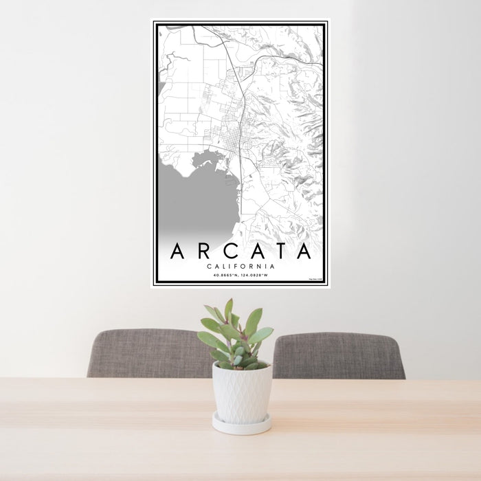 24x36 Arcata California Map Print Portrait Orientation in Classic Style Behind 2 Chairs Table and Potted Plant
