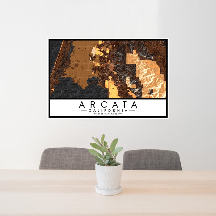 24x36 Arcata California Map Print Lanscape Orientation in Ember Style Behind 2 Chairs Table and Potted Plant