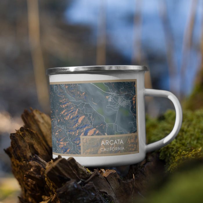 Right View Custom Arcata California Map Enamel Mug in Afternoon on Grass With Trees in Background