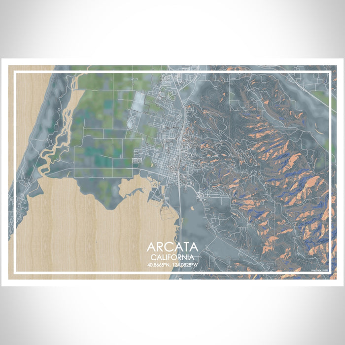 Arcata California Map Print Landscape Orientation in Afternoon Style With Shaded Background