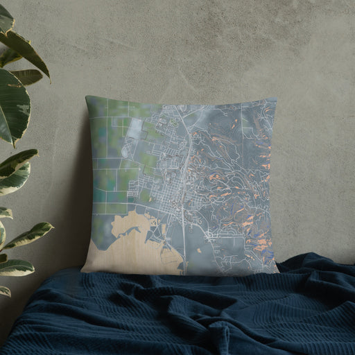 Custom Arcata California Map Throw Pillow in Afternoon on Bedding Against Wall