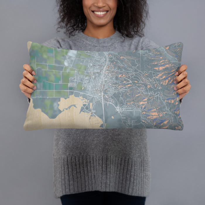Person holding 20x12 Custom Arcata California Map Throw Pillow in Afternoon