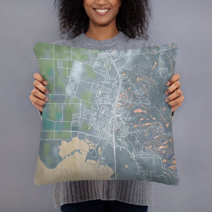 Person holding 18x18 Custom Arcata California Map Throw Pillow in Afternoon