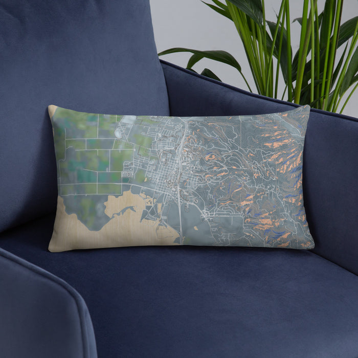 Custom Arcata California Map Throw Pillow in Afternoon on Blue Colored Chair