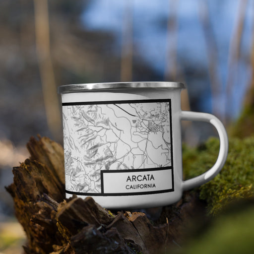 Right View Custom Arcata California Map Enamel Mug in Classic on Grass With Trees in Background