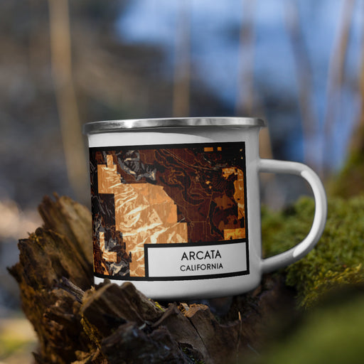 Right View Custom Arcata California Map Enamel Mug in Ember on Grass With Trees in Background