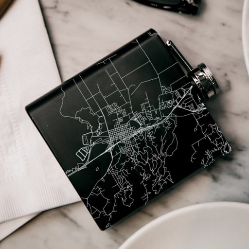 Arcata California Custom Engraved City Map Inscription Coordinates on 6oz Stainless Steel Flask in Black
