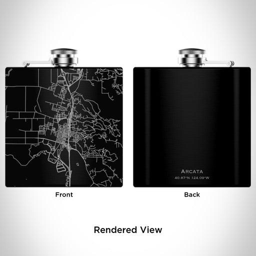 Rendered View of Arcata California Map Engraving on 6oz Stainless Steel Flask in Black