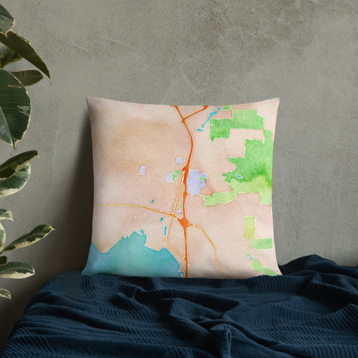 Custom Arcata California Map Throw Pillow in Watercolor on Bedding Against Wall