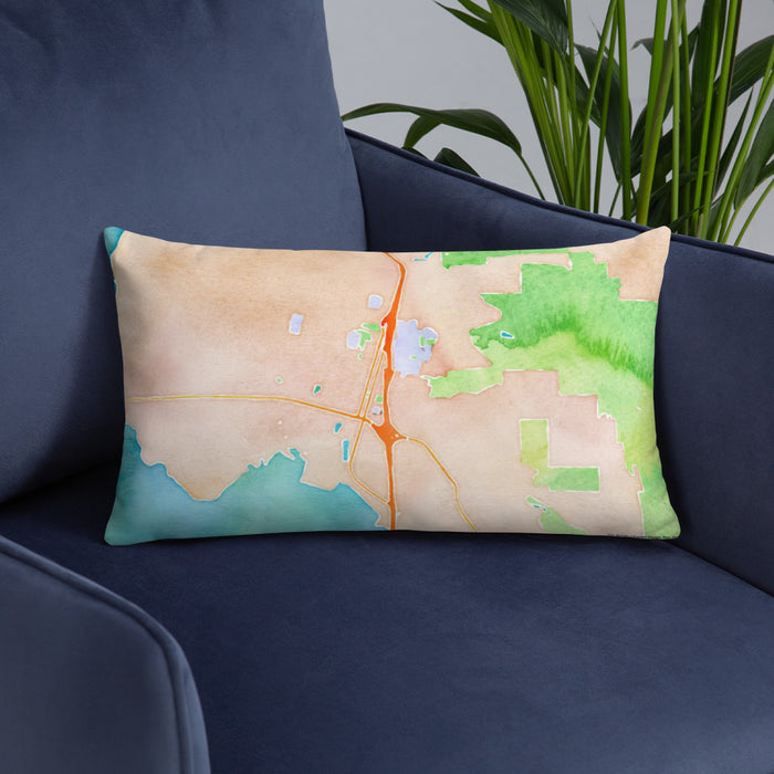 Custom Arcata California Map Throw Pillow in Watercolor on Blue Colored Chair