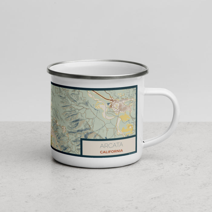Right View Custom Arcata California Map Enamel Mug in Woodblock