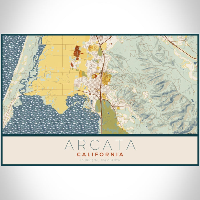 Arcata California Map Print Landscape Orientation in Woodblock Style With Shaded Background
