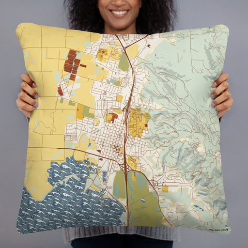 Person holding 22x22 Custom Arcata California Map Throw Pillow in Woodblock