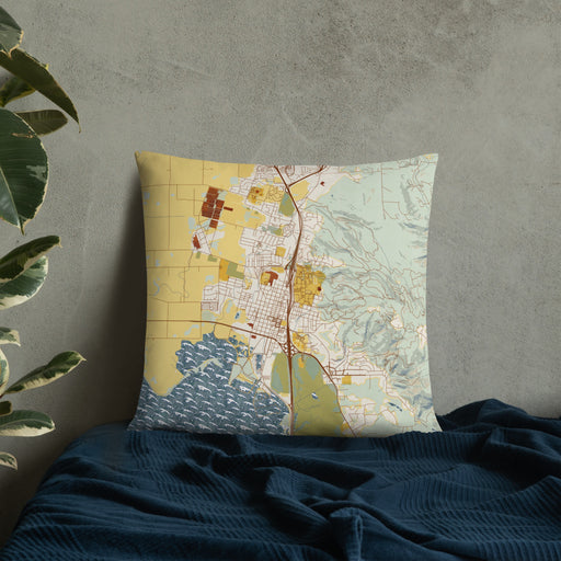 Custom Arcata California Map Throw Pillow in Woodblock on Bedding Against Wall
