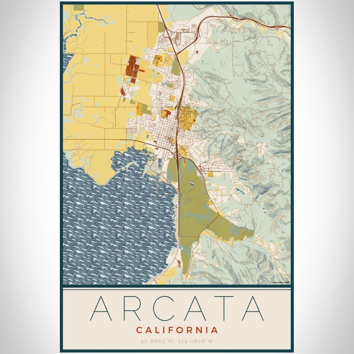 Arcata California Map Print Portrait Orientation in Woodblock Style With Shaded Background