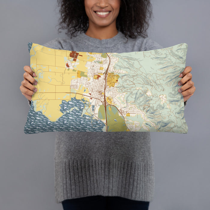 Person holding 20x12 Custom Arcata California Map Throw Pillow in Woodblock
