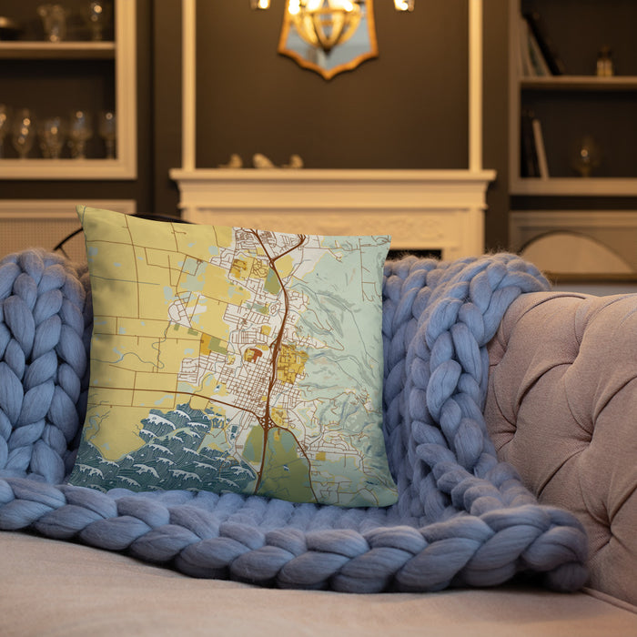 Custom Arcata California Map Throw Pillow in Woodblock on Cream Colored Couch