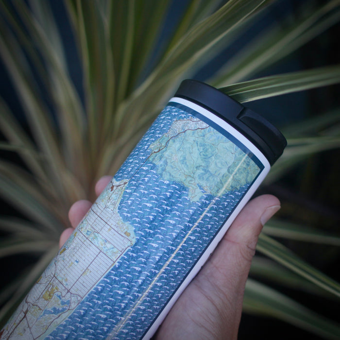 17oz Stainless Steel Insulated Tumbler in White with Custom Woodblock Style Map in Hand