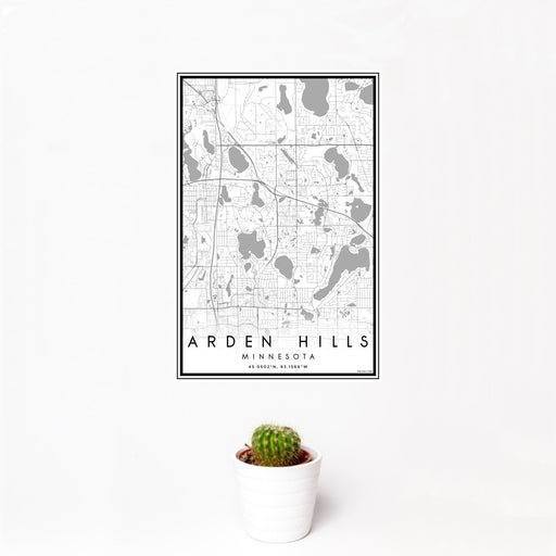 12x18 Arden Hills Minnesota Map Print Portrait Orientation in Classic Style With Small Cactus Plant in White Planter