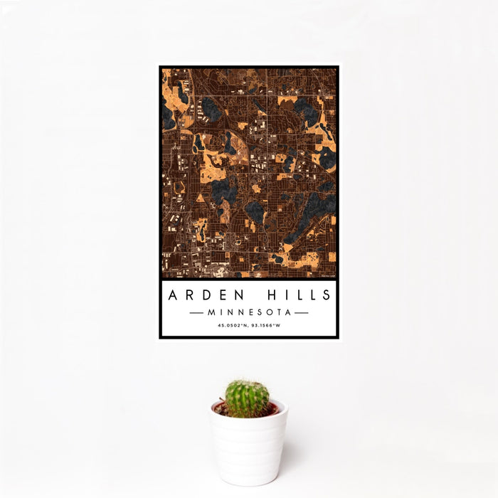 12x18 Arden Hills Minnesota Map Print Portrait Orientation in Ember Style With Small Cactus Plant in White Planter
