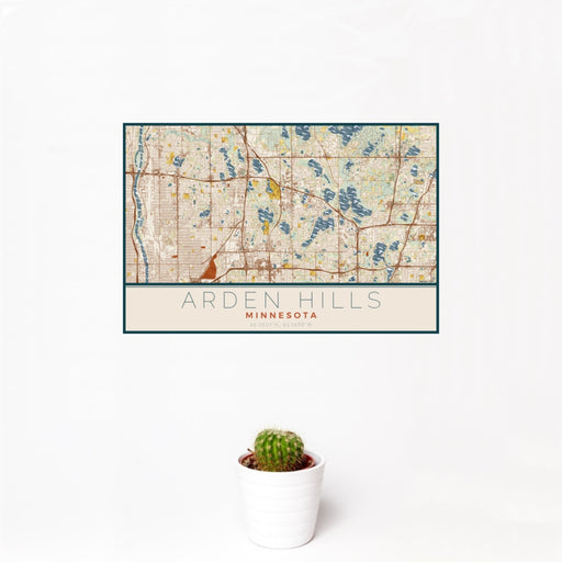 12x18 Arden Hills Minnesota Map Print Landscape Orientation in Woodblock Style With Small Cactus Plant in White Planter