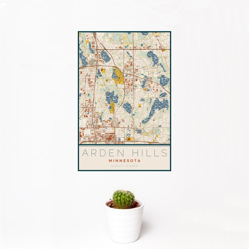 12x18 Arden Hills Minnesota Map Print Portrait Orientation in Woodblock Style With Small Cactus Plant in White Planter