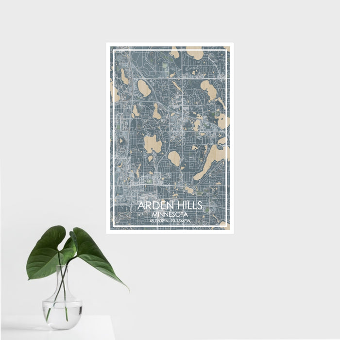16x24 Arden Hills Minnesota Map Print Portrait Orientation in Afternoon Style With Tropical Plant Leaves in Water