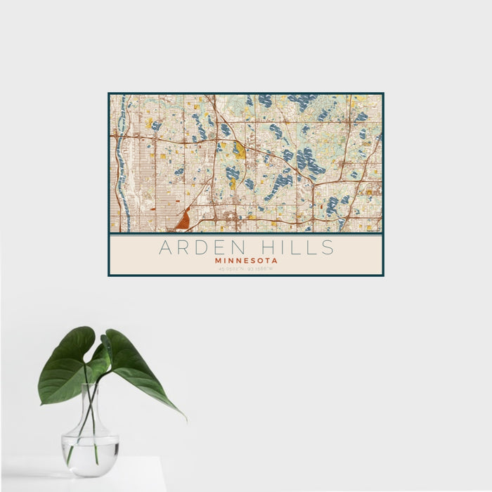 16x24 Arden Hills Minnesota Map Print Landscape Orientation in Woodblock Style With Tropical Plant Leaves in Water