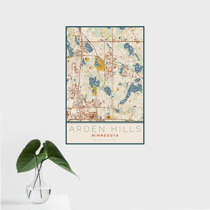 16x24 Arden Hills Minnesota Map Print Portrait Orientation in Woodblock Style With Tropical Plant Leaves in Water