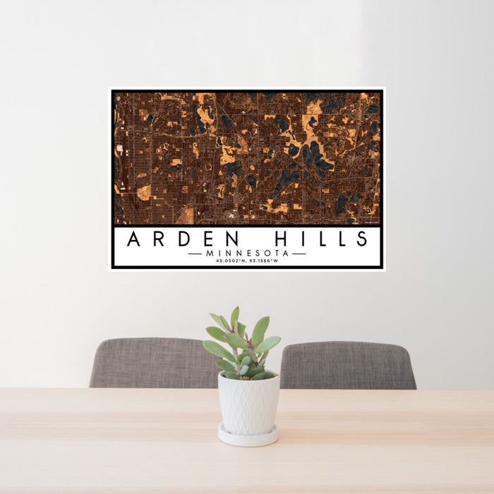 24x36 Arden Hills Minnesota Map Print Lanscape Orientation in Ember Style Behind 2 Chairs Table and Potted Plant