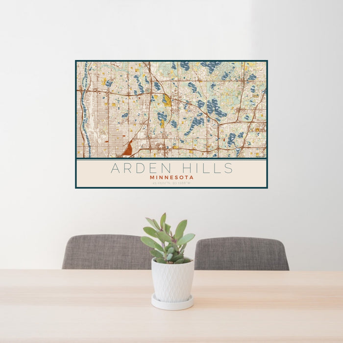 24x36 Arden Hills Minnesota Map Print Lanscape Orientation in Woodblock Style Behind 2 Chairs Table and Potted Plant