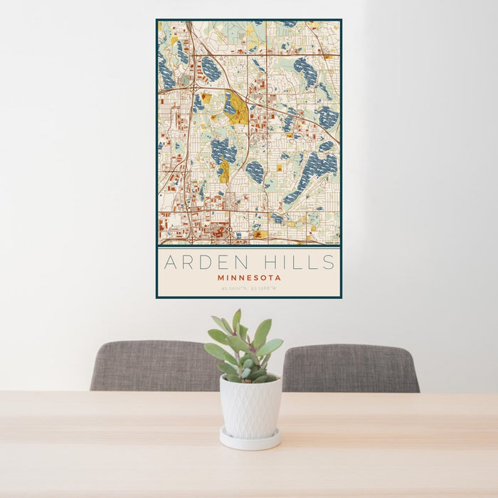 24x36 Arden Hills Minnesota Map Print Portrait Orientation in Woodblock Style Behind 2 Chairs Table and Potted Plant